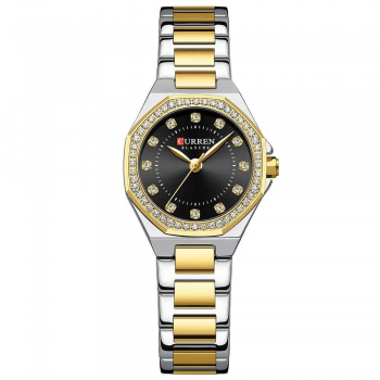 Ceas Dama CURREN 9100 Elegant cu Cadran Negru, Carcasa Aurie si Bratara Argintiu-Auriu - Stil Modern si Rafinament Clasic