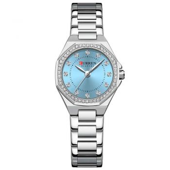 Ceas Dama CURREN Quartz Elegant, Cadran Turcoaz, Carcasa si Bratara Argintie - Design Fashion si Feminin