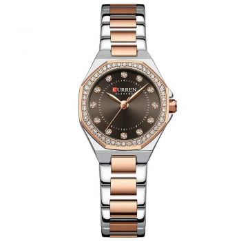 Ceas Dama CURREN Quartz Elegant cu Bratara din Otel Inoxidabil, Design Simplu cu Diamante, Culoare Maro-Argintiu