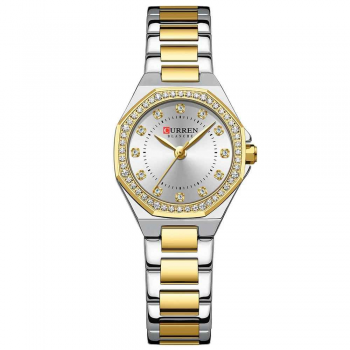 Ceas Dama CURREN Quartz Elegant cu Cadran Alb, Carcasa Aurie si Bratara Auriu-Alb - Accesoriu Chic si Versatil