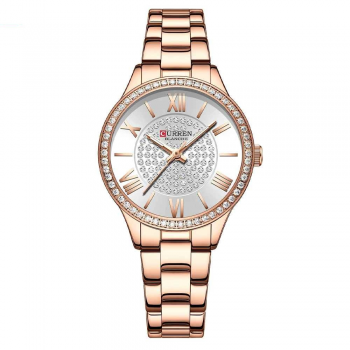 Ceas de dama Curren, quartz, curea roze, cadran alb, sticla hardlex, rezistent la apa, elegant