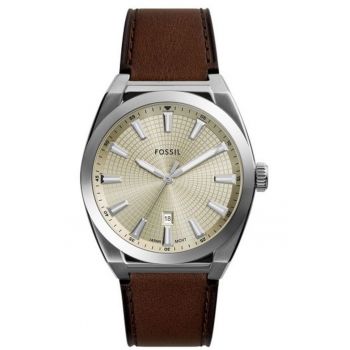 Ceas  Quartz - Analog - Cadran Bej - Curea Piele Maro - 5 ATM