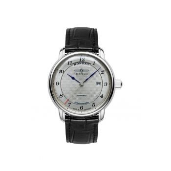 Ceas  barbati automat - 40mm - curea piele neagra - cadran argintiu - rezistent la apa 50m