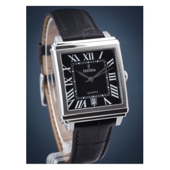 Ceas  Classic - mecanism kwarcowy - cadran argintiu - curea piele neagra - 316L