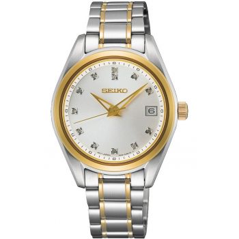 Ceas dama -  Quartz SUR582P1 - argintiu/auriu - bratara inox - 12 diamante - 10 ATM - alb
