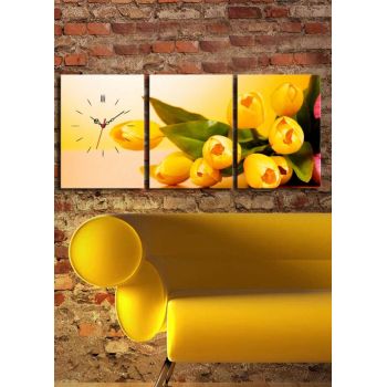 Ceas de perete decorativ din pânză (3 bucăți), 3P3040CS-45, 30 x 40 cm, 3 piese, Multicolor