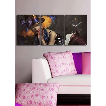 Ceas de perete decorativ din pânză (3 bucăți), 3P3040CS-60, 30 x 40 cm, 3 piese, Multicolor
