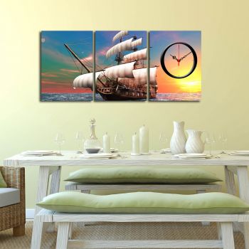 Ceas de perete decorativ din pânză (3 bucăți), 3P3040CS-71, 28 x 38 cm, 3 piese, Multicolor