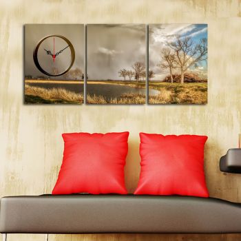 Ceas de perete decorativ din pânză (3 bucăți), 3P3040CS-76, 28 x 38 cm, 3 piese, Multicolor