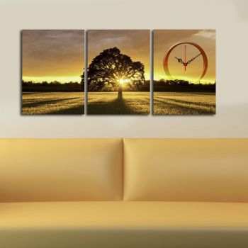 Ceas de perete decorativ din pânză (3 bucăți), 3P3040CS-77, 28 x 38 cm, 3 piese, Multicolor