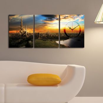 Ceas de perete decorativ din pânză (3 bucăți), 3P3040CS-82, 28 x 38 cm, 3 piese, Multicolor