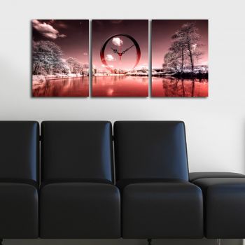 Ceas de perete decorativ din pânză (3 bucăți), 3P3040CS-85, 28 x 38 cm, 3 piese, Multicolor