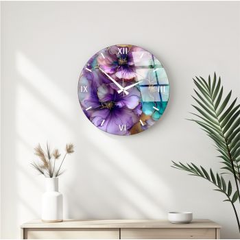 Ceas de perete decorativ din sticlă, Huhu341, Diametru: 40 cm (1 bucată), Multicolor