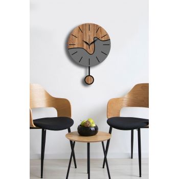 Ceas de perete decorativ, Vlnt109, Diametru: 39 cm, Nuc / Gri