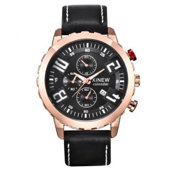Ceas barbatesc Xinew Calendar, stil casual, curea piele negra