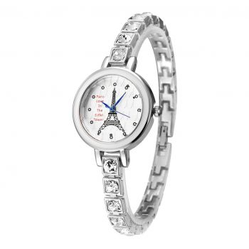 Ceas dama elegant Geneva CS13, bratara metalica cu cristale, model Turnul Eiffel