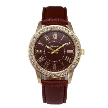 Ceas de dama elegant Geneva CS248, curea piele, cadran cu cristale