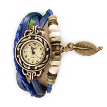 Ceas de dama Retro Vintage CS03, curea din piele, accesoriu frunza,Blue