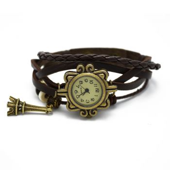 Ceas de dama Retro Vintage CS555, curea din piele, accesoriu Turn Eiffel, model maro