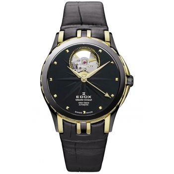 Ceas barbatesc  Grand Ocean Open Heart - curea piele neagra - 32mm - rezistenta la apa 5 ATM