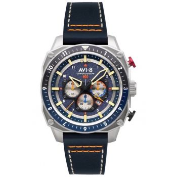 Ceas barbatesc  Hawker Hunter Atlas - cronograf - curea din piele - carcasa din otel inoxidabil - cadran albastru - 43x14mm
