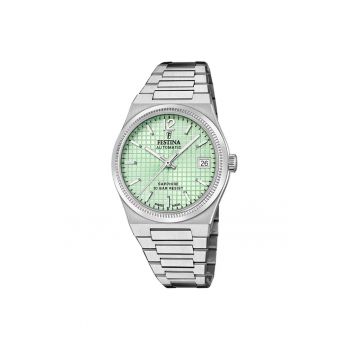 Ceas dama  F20029-3 - bratara din otel - carcasa rotunda - 35mm - cadran verde - rezistent la apa 100m - argintiu