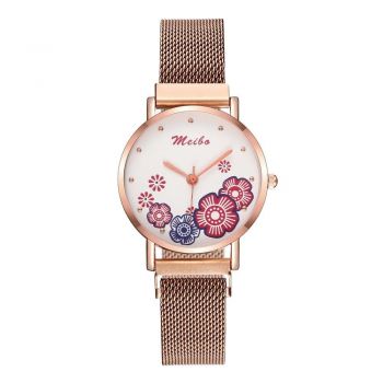 Ceas dama, Meibo, CS1106, model Starry Sky, bratara magnetica, imprimeu floral rosu
