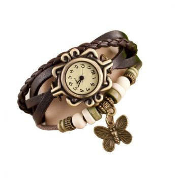 Ceas de dama Retro Vintage CS1012, curea din piele, accesoriu fluture, model maro