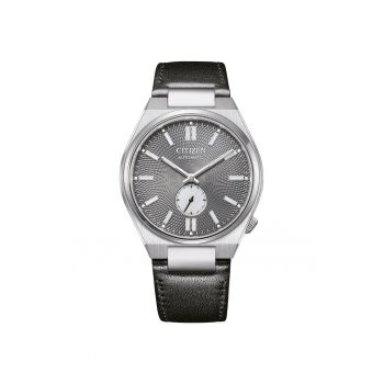 Ceas  Tsuyosa Mecanic cu Curea din Piele Neagra - Carcasa Inox Gri - Rezistent la Apa 50m