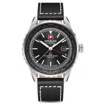Ceas barbatesc  Afterburn GMT - negru - mecanism quartz Ronda - curea din piele - 100m impermeabilitate