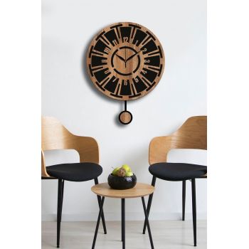 Ceas de perete decorativ, Vlnt114Mo, MDF, Diametru: 39 cm, Nuc / Negru