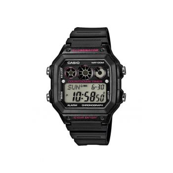 Ceas sportiv  digital - negru - 45x42x12 -5mm - cu calendar - stoper - iluminare - rezistent la apa 100m