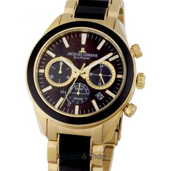 Ceas Jacques&nbsp;Lemans Jacques Lemans 1-2115L Eco Power Wood Mens Watch Chronograph 44mm 10ATM